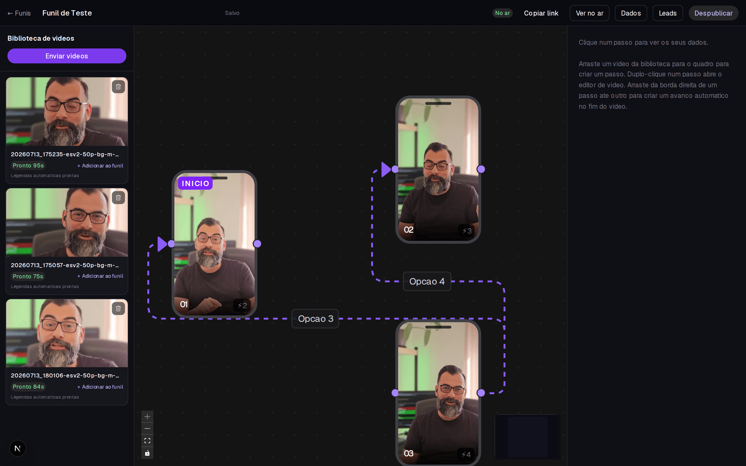 Quadro do funil: videos ligados como um mapa