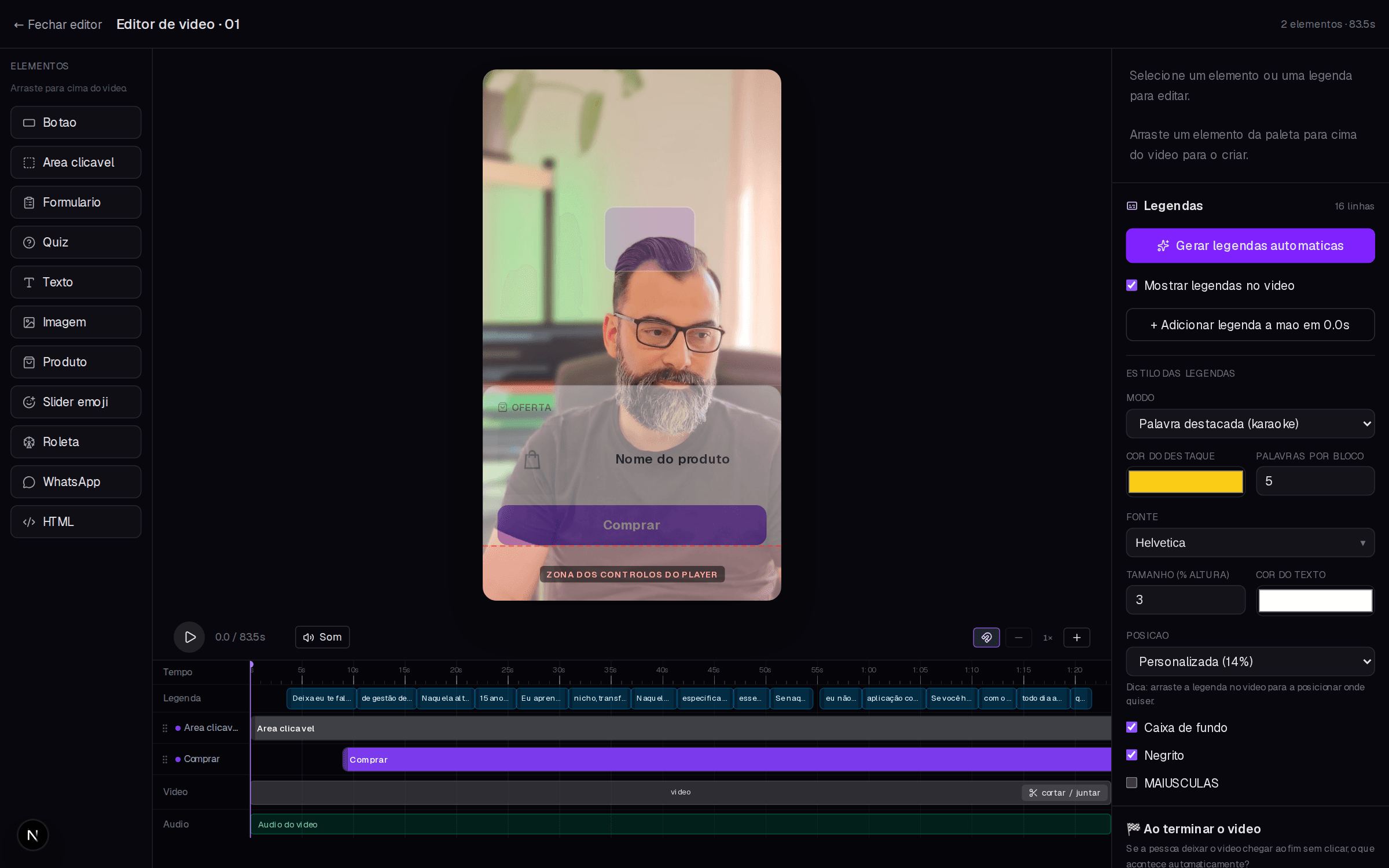 Editor de video no browser com timeline e elementos